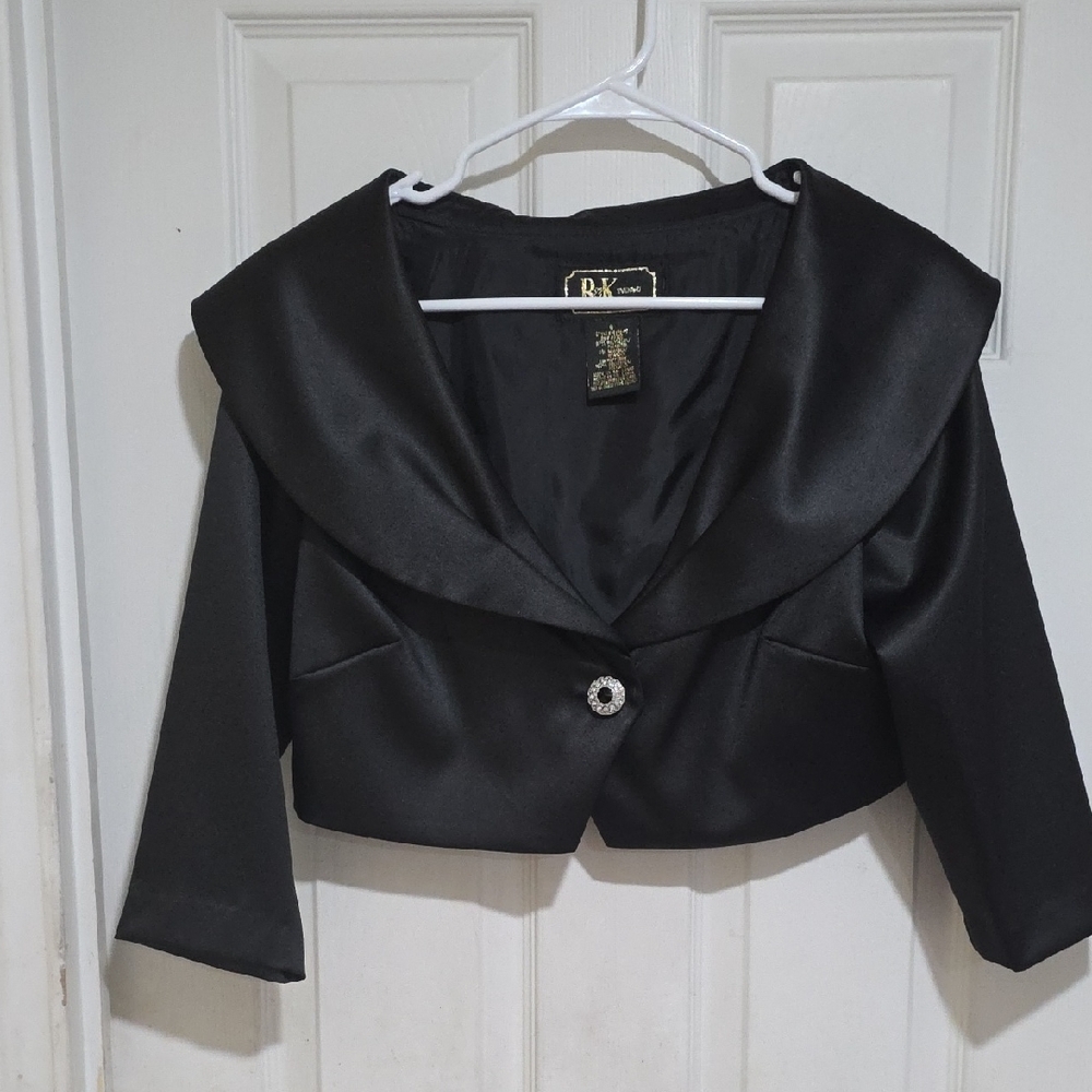 b new york Black Satin Cropped Blazer with Decorative Button